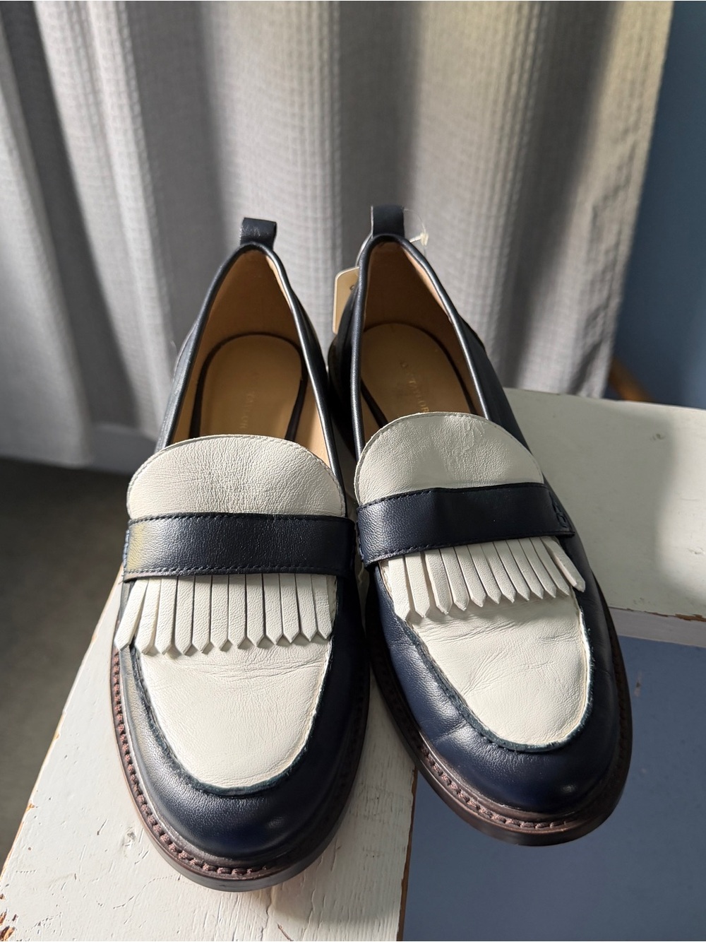 Women’s Two-Tone Fringe Penny Loafers in Navy and Cream - Picture 4 of 5